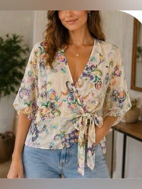 Tibi Silk Floral Wrap Blouse Top Size M Sheer Tie Front Boho Chic